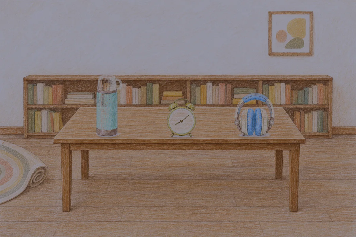 가평 여성전용 경락마사지 안내 그림, 밤의 서재 긴 책상 위에 놓인 보온병, 둥근 알람시계, 헤드폰