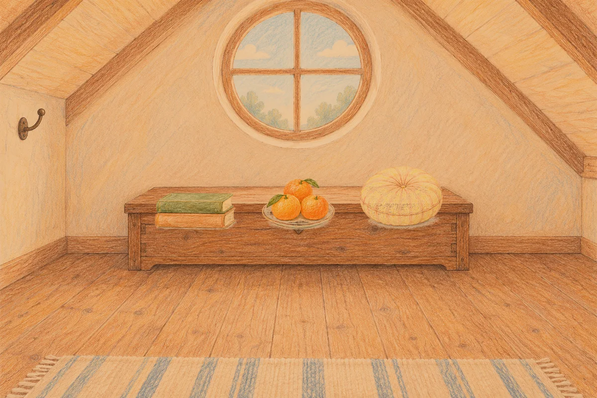 가평 여성전용 경락 마사지 안내 그림, 저녁의 다락방 나무 궤짝 위에 놓인 책 두 권, 귤이 담긴 접시, 둥근 쿠션