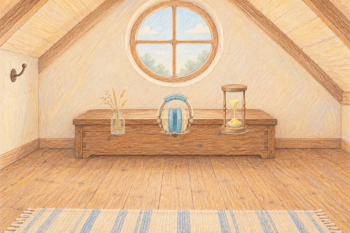 가평 여성전용 경락 케어 안내 그림, 낮의 다락방 나무 궤짝 위에 놓인 마른 풀을 꽂은 항아리, 헤드폰, 모래시계
