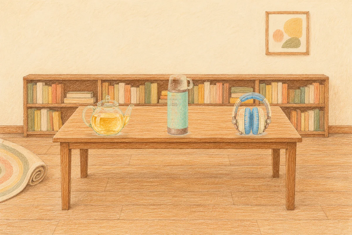 가평 여성전용 경락 가격 안내 그림, 낮의 서재 긴 책상 위에 놓인 유리 티포트, 보온병, 헤드폰
