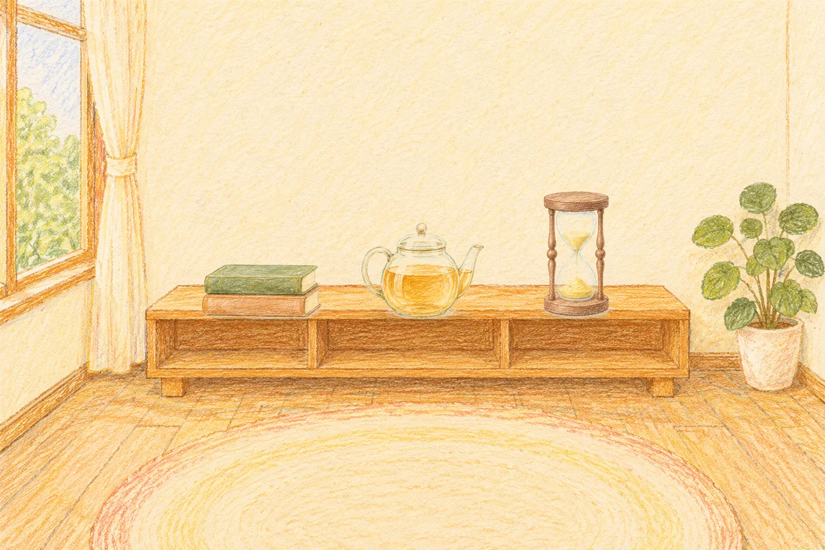 가평 여성전용 경락 추천 안내 그림, 낮의 창가 낮은 선반 위에 놓인 책 두 권, 유리 티포트, 모래시계