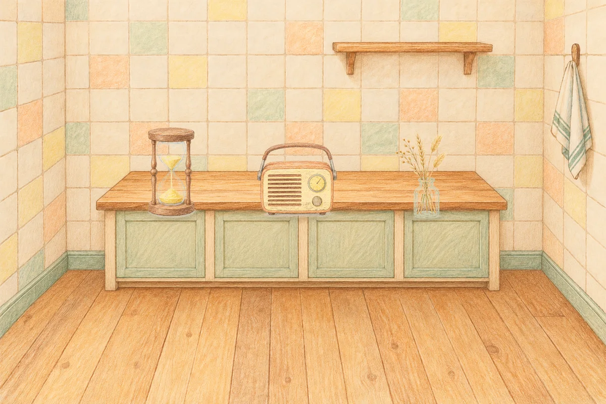 가평 여성전용 홈케어 안내 그림, 낮의 부엌 나무 조리대 위에 놓인 모래시계, 작은 라디오, 마른 풀을 꽂은 항아리