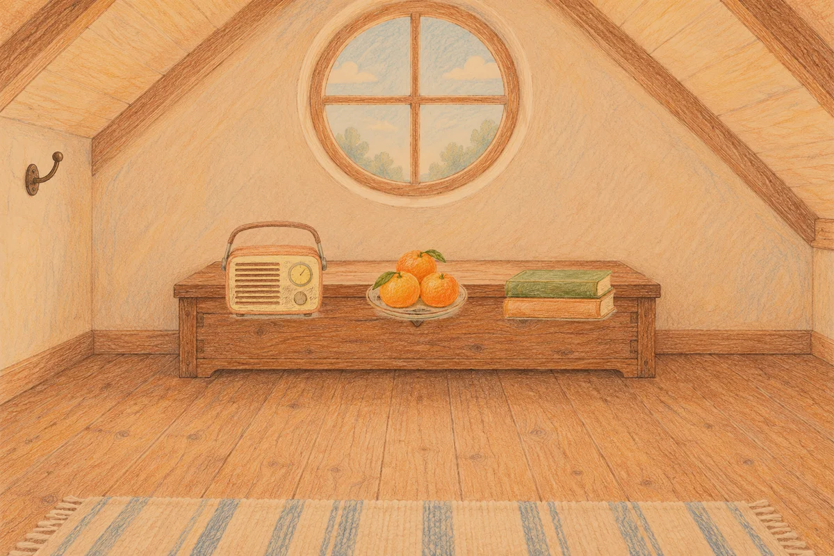 가평 여성전용 1인샵 안내 그림, 저녁의 다락방 나무 궤짝 위에 놓인 작은 라디오, 귤이 담긴 접시, 책 두 권