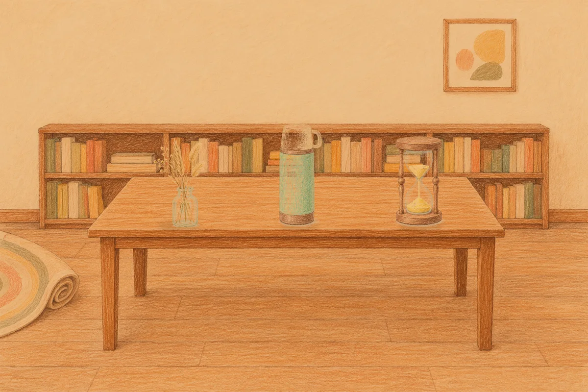 가평 여성전용 프라이빗 케어 안내 그림, 저녁의 서재 긴 책상 위에 놓인 마른 풀을 꽂은 항아리, 보온병, 모래시계