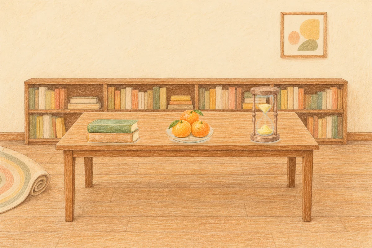 가평 여성전용 홈케어 후기 안내 그림, 낮의 서재 긴 책상 위에 놓인 책 두 권, 귤이 담긴 접시, 모래시계
