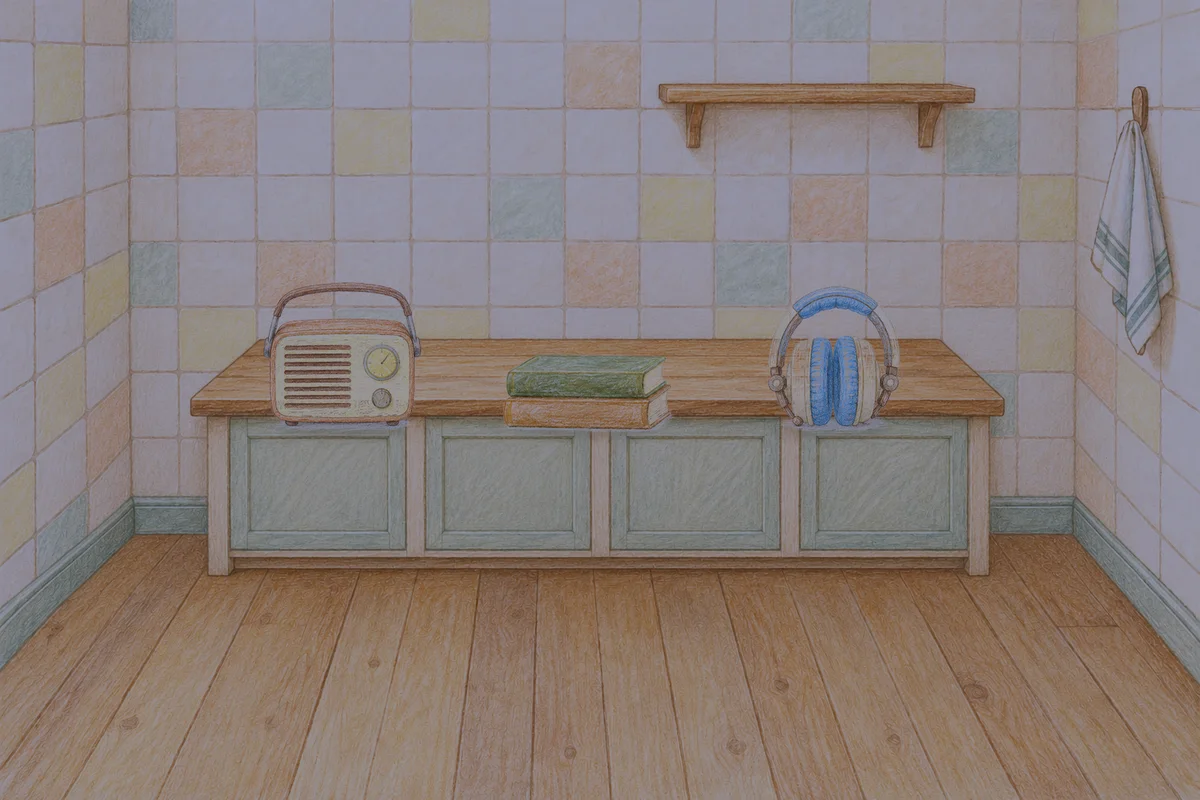 가평 여성전용 발관리 안내 그림, 밤의 부엌 나무 조리대 위에 놓인 작은 라디오, 책 두 권, 헤드폰