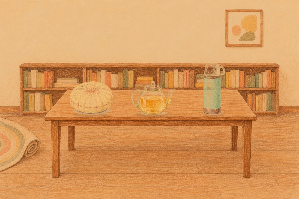 가평 여성전용 발마사지 안내 그림, 저녁의 서재 긴 책상 위에 놓인 둥근 쿠션, 유리 티포트, 보온병