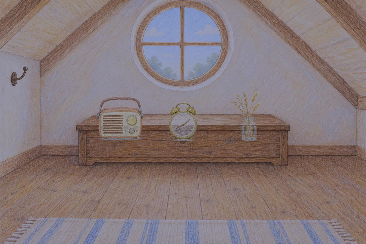 가평 여성전용 발관리 후기 안내 그림, 밤의 다락방 나무 궤짝 위에 놓인 작은 라디오, 둥근 알람시계, 마른 풀을 꽂은 항아리