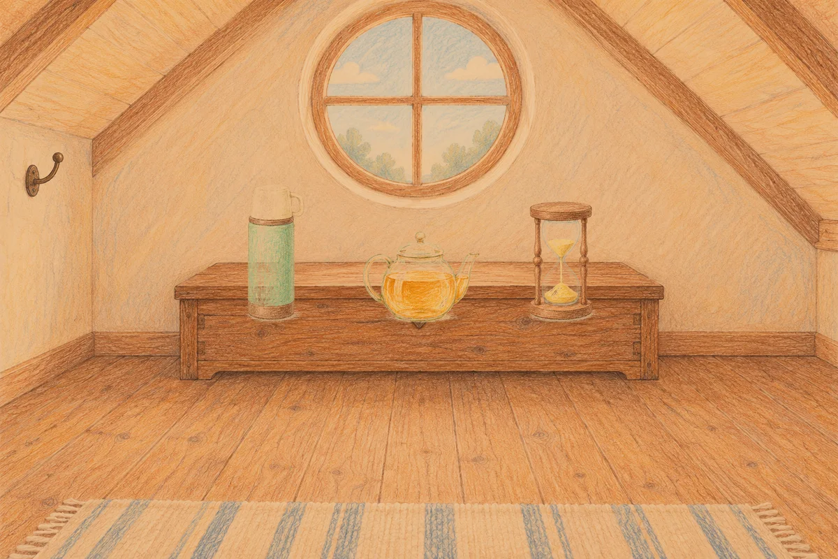 가평 여성전용 발관리 추천 안내 그림, 저녁의 다락방 나무 궤짝 위에 놓인 보온병, 유리 티포트, 모래시계