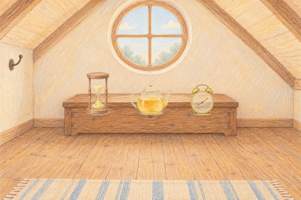 가평 여성전용 림프 마사지 안내 그림, 낮의 다락방 나무 궤짝 위에 놓인 모래시계, 유리 티포트, 둥근 알람시계