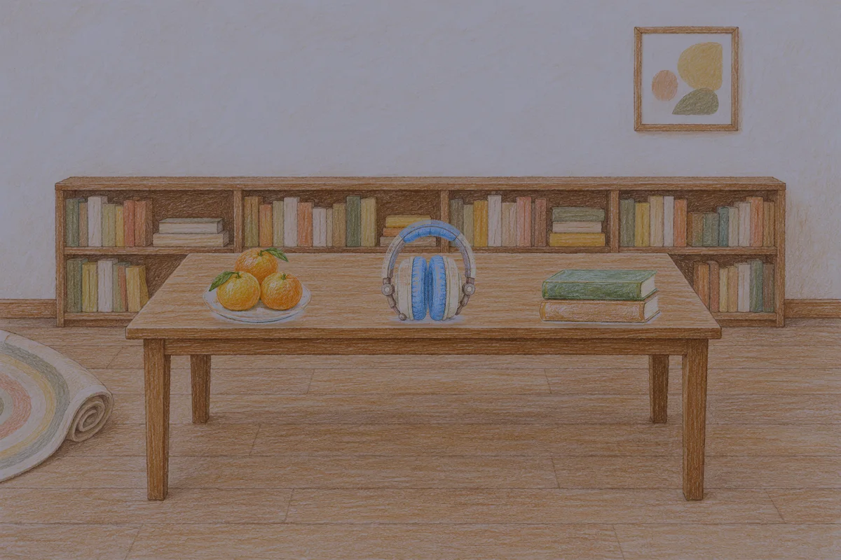 가평 여성전용 셀룰라이트 관리 안내 그림, 밤의 서재 긴 책상 위에 놓인 귤이 담긴 접시, 헤드폰, 책 두 권