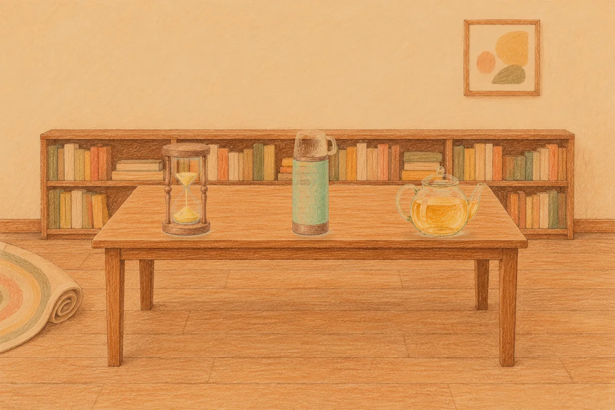 가평 여성전용 디톡스 마사지 안내 그림, 저녁의 서재 긴 책상 위에 놓인 모래시계, 보온병, 유리 티포트
