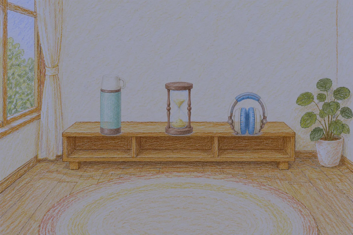 가평 여성전용 종아리 케어 안내 그림, 밤의 창가 낮은 선반 위에 놓인 보온병, 모래시계, 헤드폰