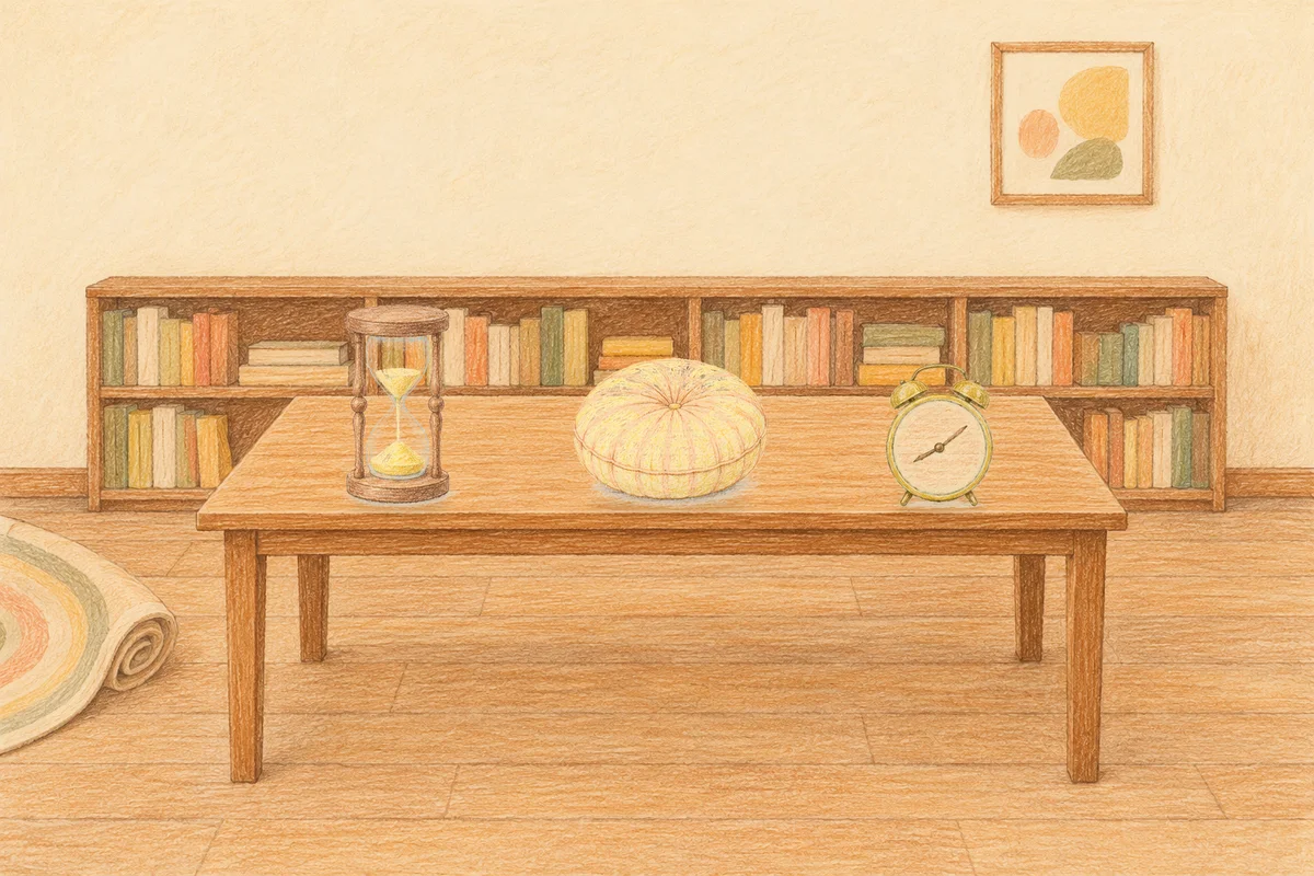 가평 여성전용 두피 마사지 안내 그림, 낮의 서재 긴 책상 위에 놓인 모래시계, 둥근 쿠션, 둥근 알람시계