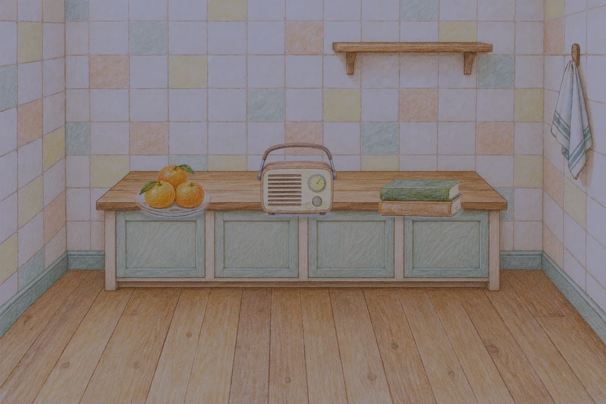 가평 여성전용 두피 케어 안내 그림, 밤의 부엌 나무 조리대 위에 놓인 귤이 담긴 접시, 작은 라디오, 책 두 권