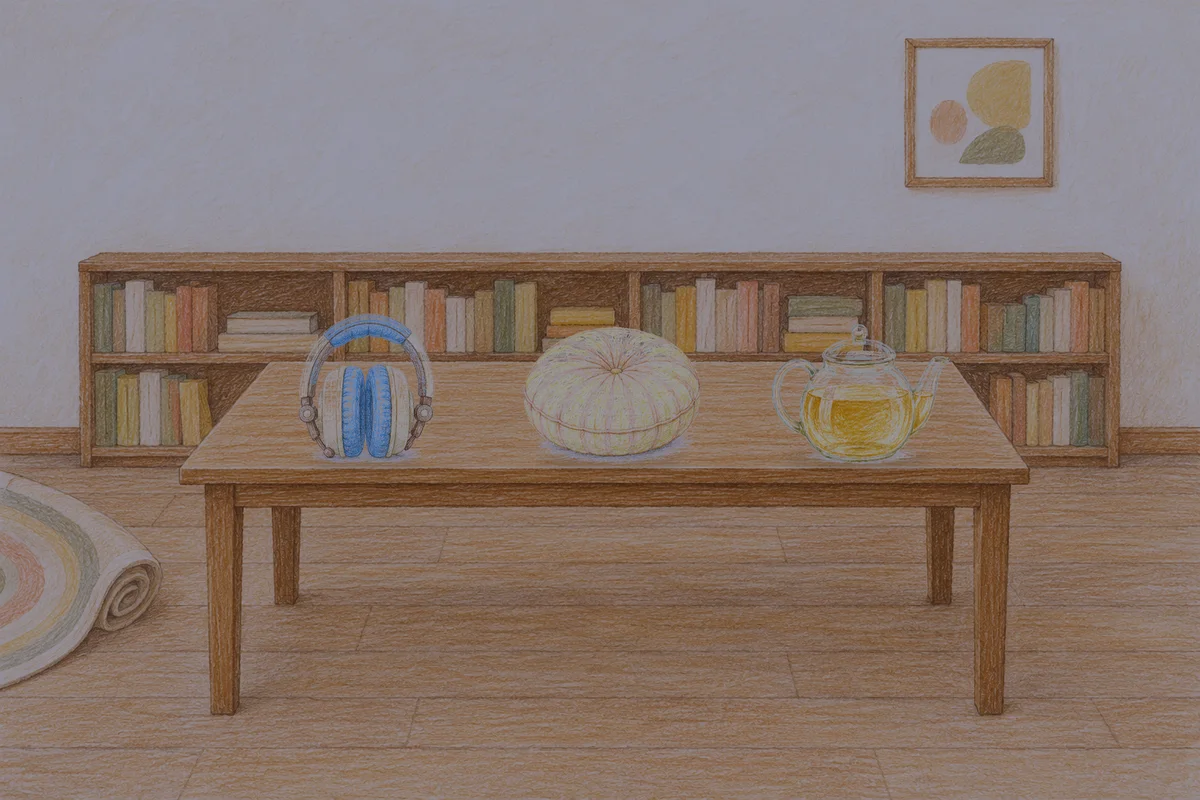 가평 여성전용 어깨 마사지 안내 그림, 밤의 서재 긴 책상 위에 놓인 헤드폰, 둥근 쿠션, 유리 티포트