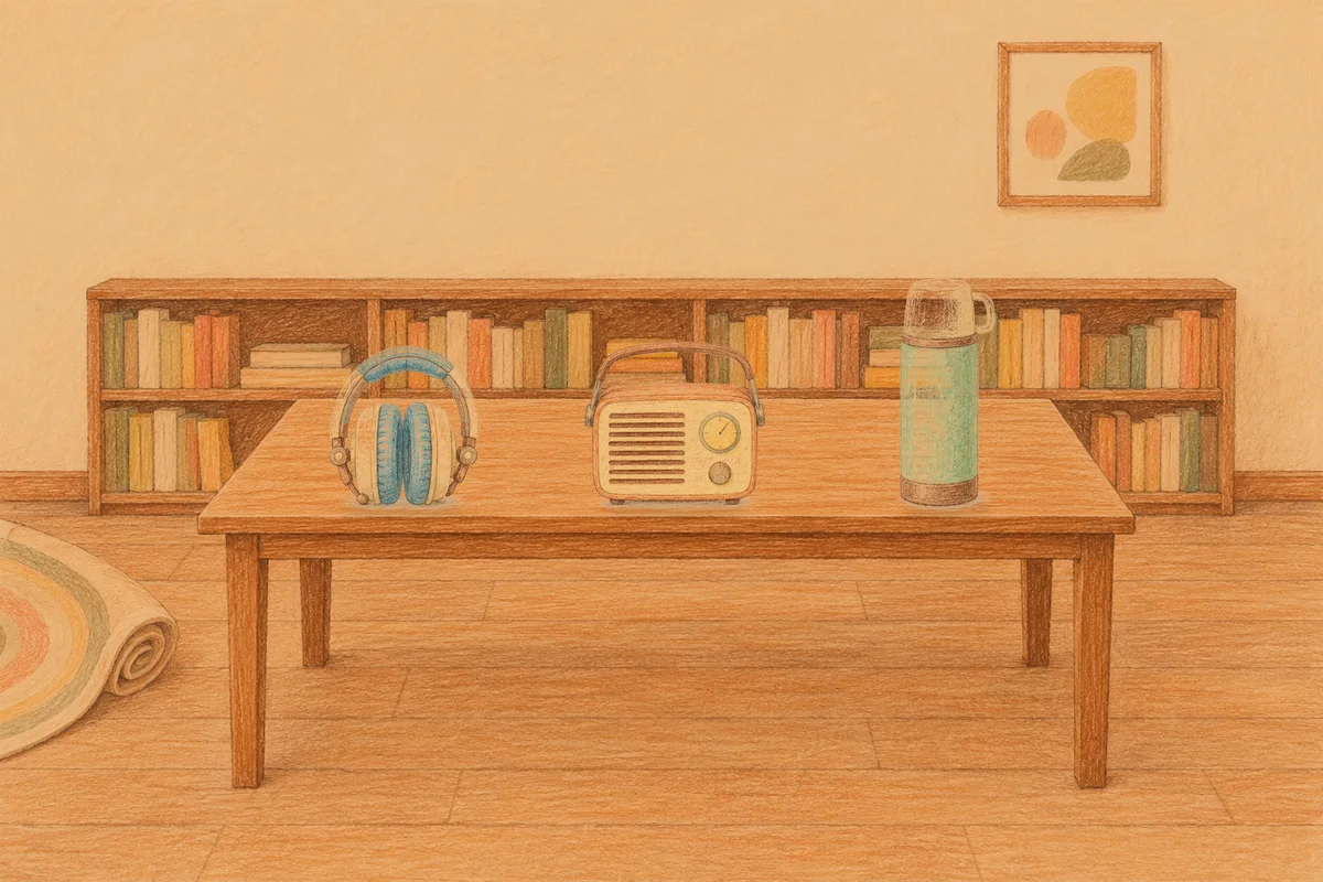 가평 여성전용 목 어깨 케어 안내 그림, 저녁의 서재 긴 책상 위에 놓인 헤드폰, 작은 라디오, 보온병
