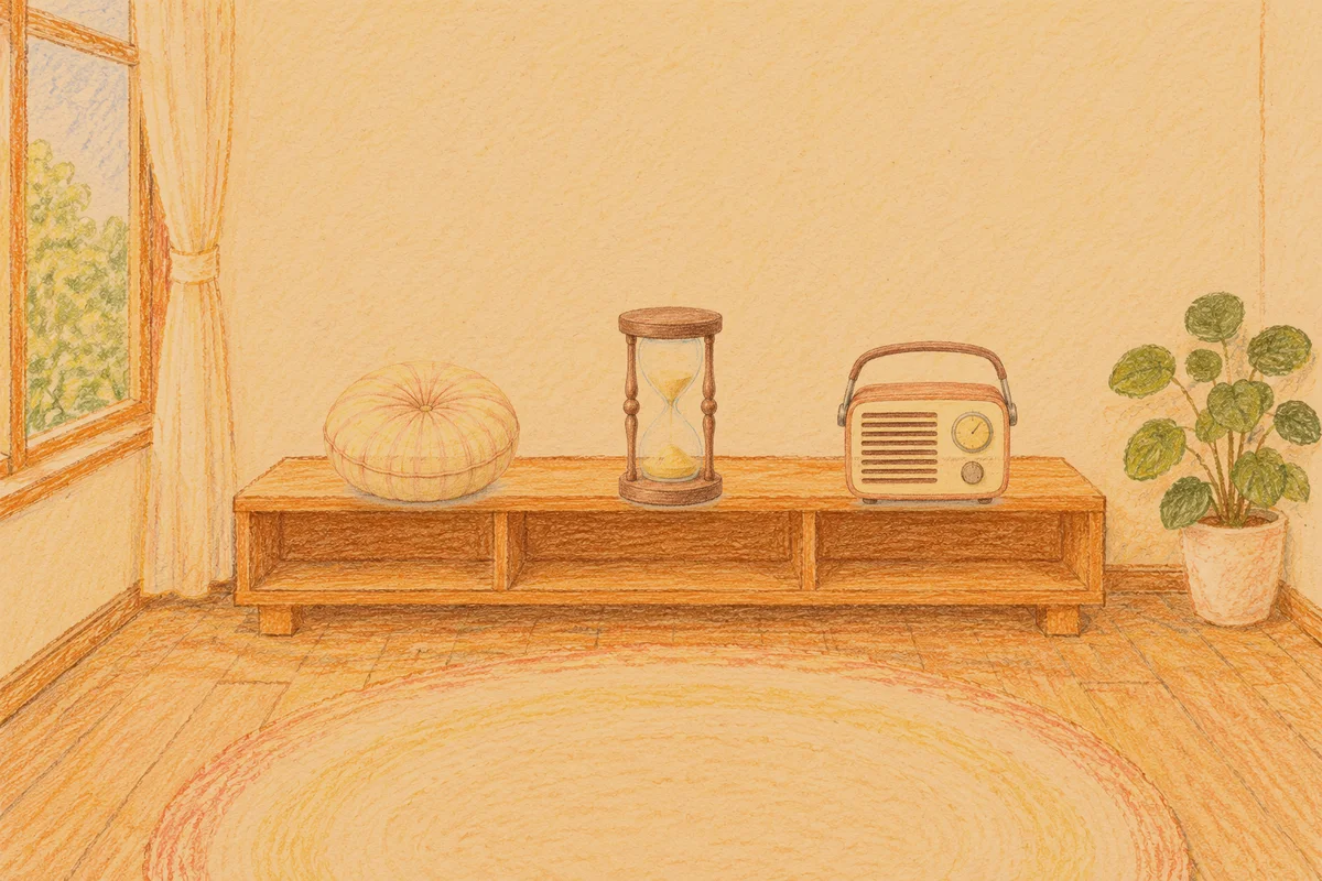 가평 여성전용 두통 완화 마사지 안내 그림, 저녁의 창가 낮은 선반 위에 놓인 둥근 쿠션, 모래시계, 작은 라디오