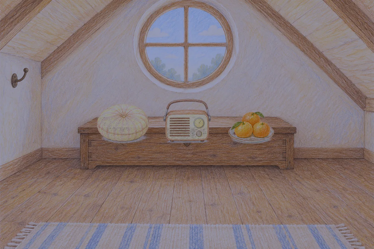 가평 여성전용 수면 케어 안내 그림, 밤의 다락방 나무 궤짝 위에 놓인 둥근 쿠션, 작은 라디오, 귤이 담긴 접시