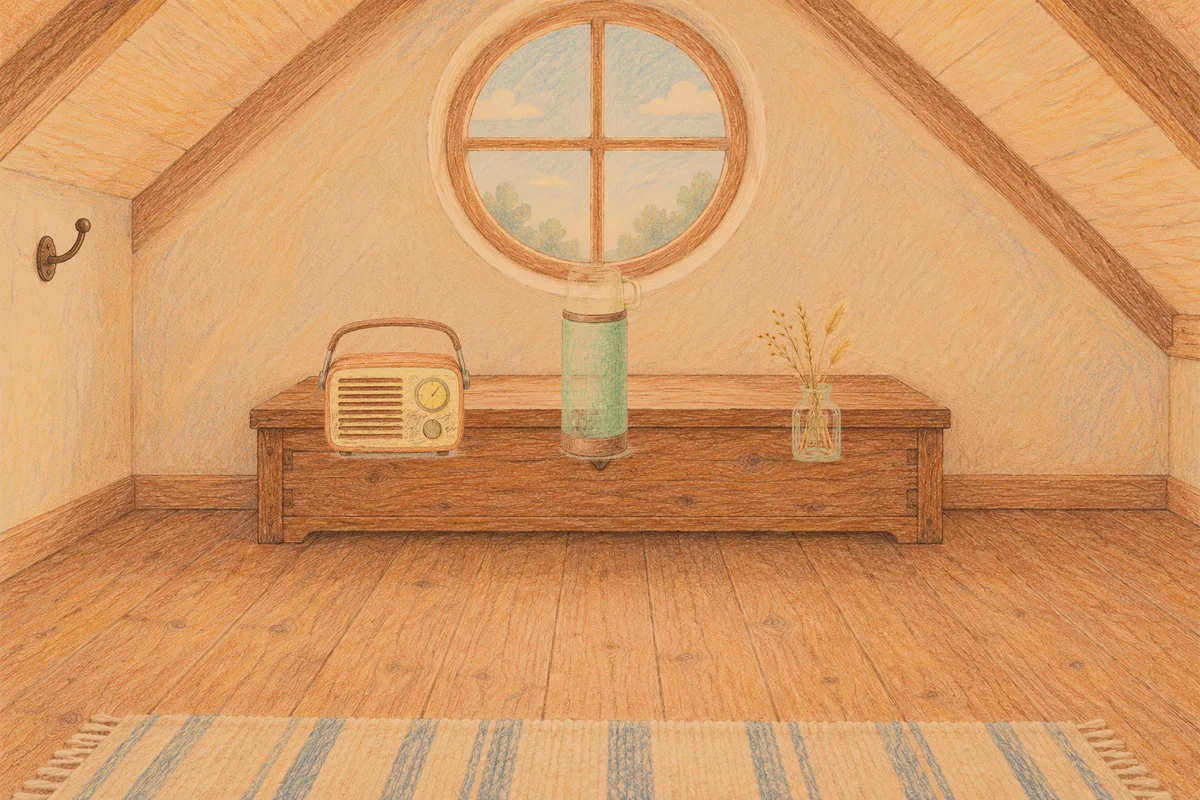 가평 여성전용 피로 회복 마사지 안내 그림, 저녁의 다락방 나무 궤짝 위에 놓인 작은 라디오, 보온병, 마른 풀을 꽂은 항아리