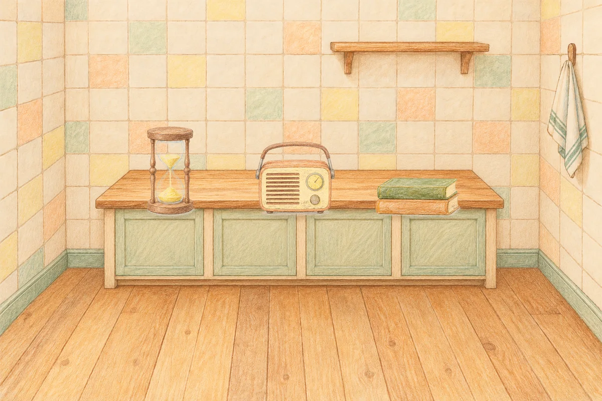 가평 여성전용 안티에이징 케어 안내 그림, 낮의 부엌 나무 조리대 위에 놓인 모래시계, 작은 라디오, 책 두 권