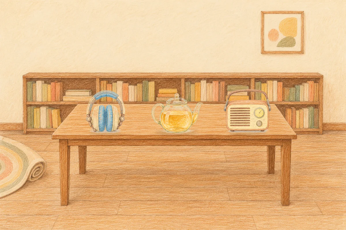 가평 여성전용 브라이덜 케어 안내 그림, 낮의 서재 긴 책상 위에 놓인 헤드폰, 유리 티포트, 작은 라디오