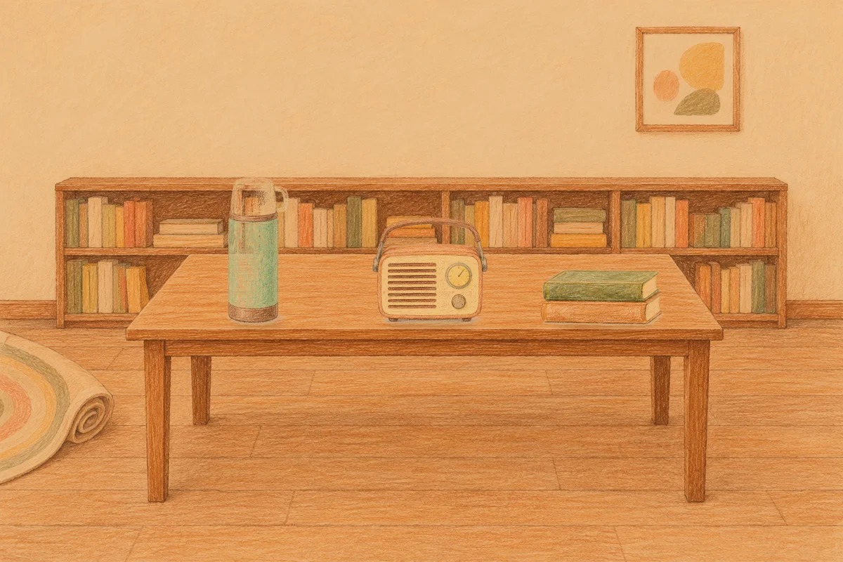 가평 여성전용 샵 마사지 안내 그림, 저녁의 서재 긴 책상 위에 놓인 보온병, 작은 라디오, 책 두 권