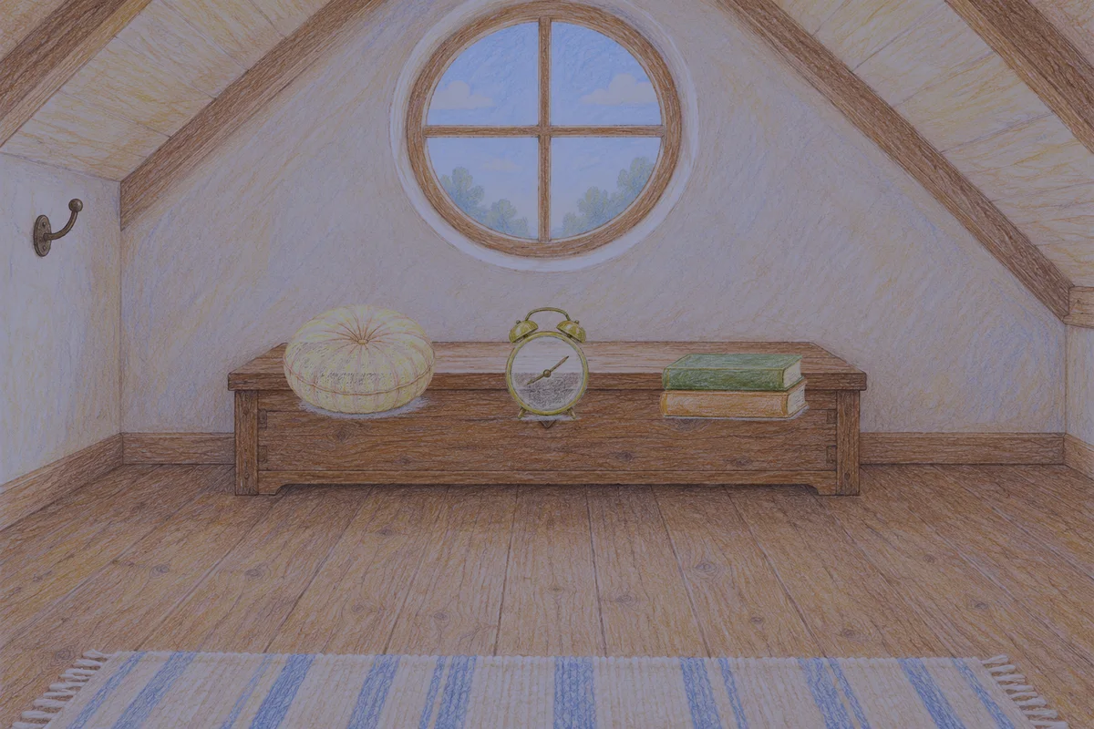 가평 여성전용 가격 마사지 안내 그림, 밤의 다락방 나무 궤짝 위에 놓인 둥근 쿠션, 둥근 알람시계, 책 두 권