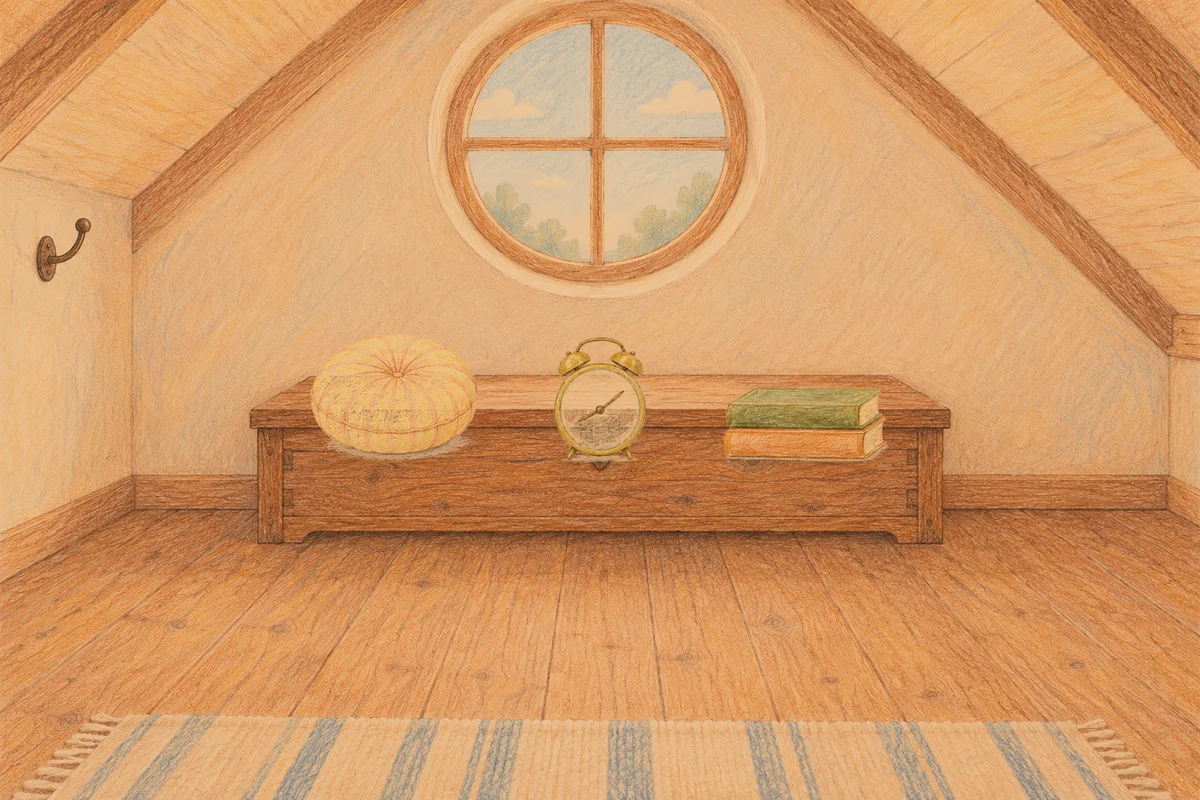 가평 여성전용 출장 마사지 후기 안내 그림, 저녁의 다락방 나무 궤짝 위에 놓인 둥근 쿠션, 둥근 알람시계, 책 두 권