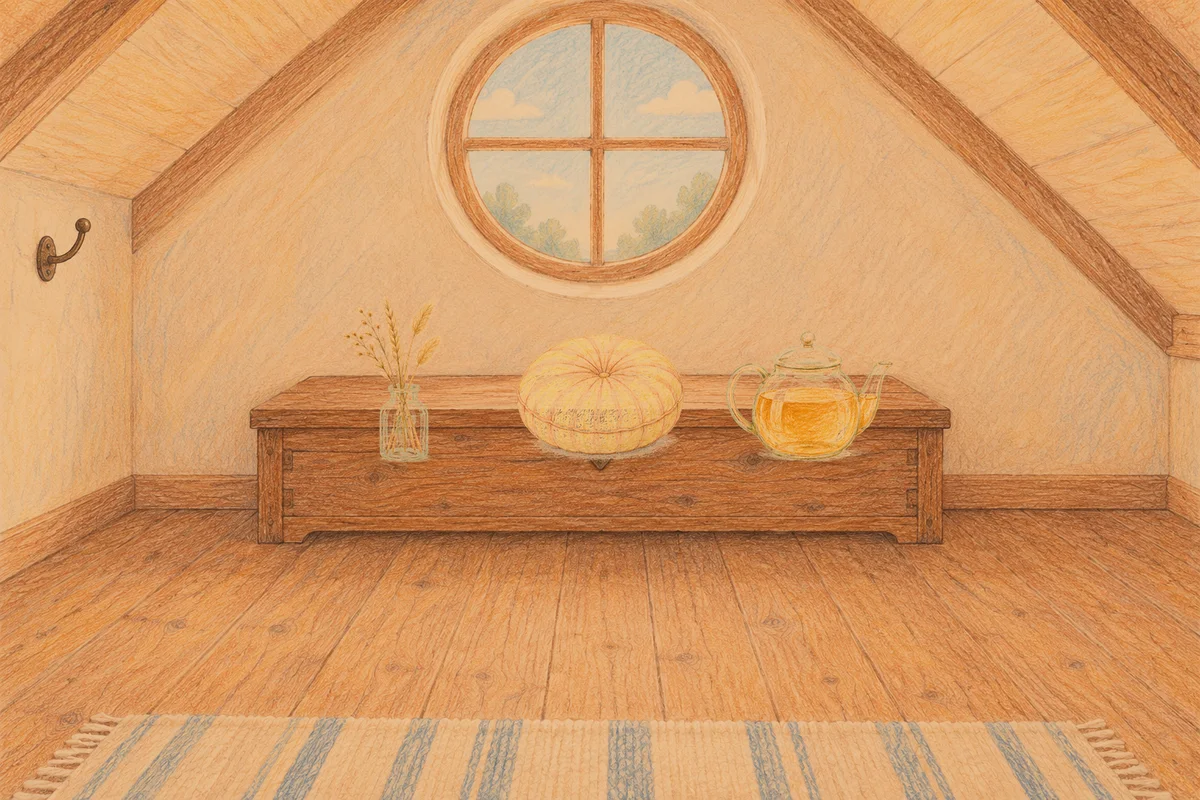 양평 여성전용 라벤더 아로마 안내 그림, 저녁의 다락방 나무 궤짝 위에 놓인 마른 풀을 꽂은 항아리, 둥근 쿠션, 유리 티포트