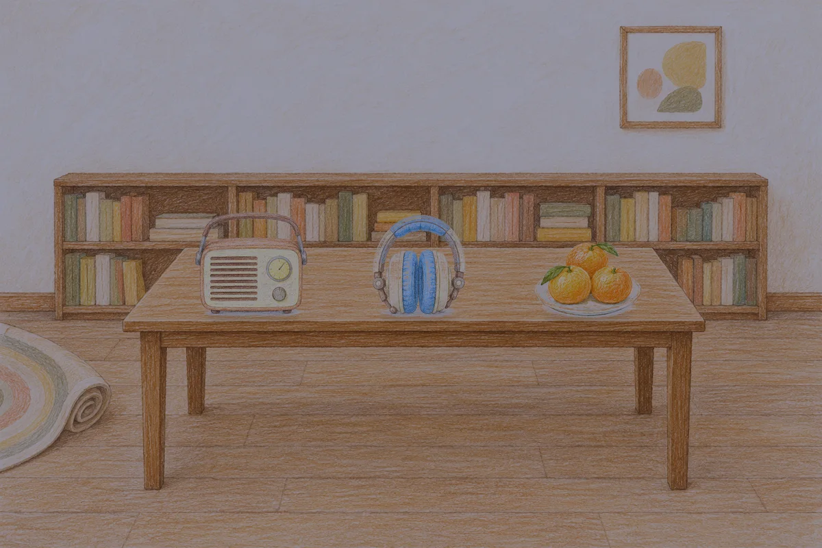 양평 여성전용 아로마 마사지 후기 안내 그림, 밤의 서재 긴 책상 위에 놓인 작은 라디오, 헤드폰, 귤이 담긴 접시
