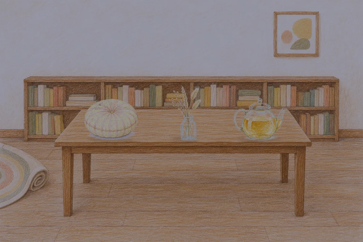 양평 여성전용 스웨디시 가격 안내 그림, 밤의 서재 긴 책상 위에 놓인 둥근 쿠션, 마른 풀을 꽂은 항아리, 유리 티포트