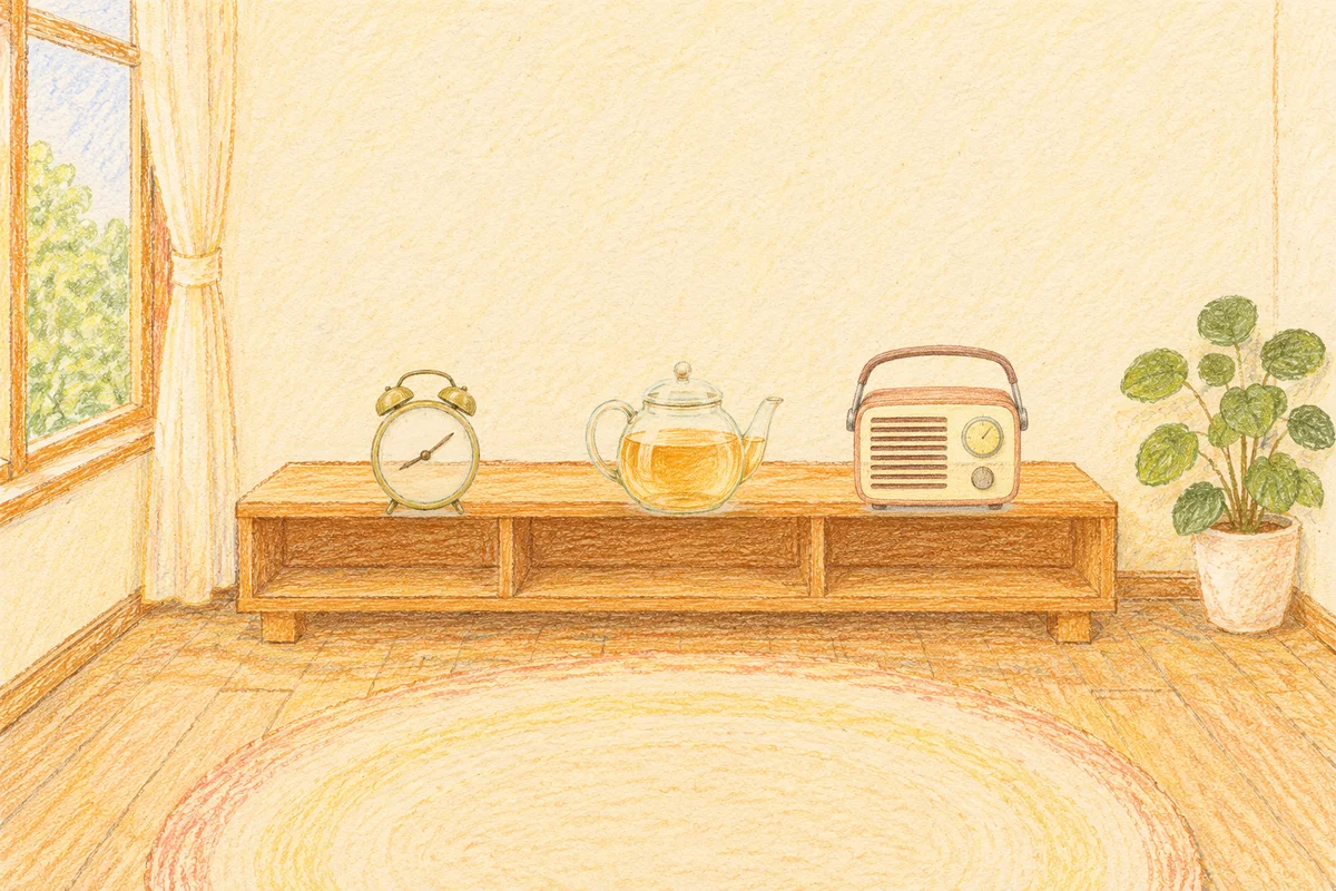 양평 여성전용 아로마 가격 안내 그림, 낮의 창가 낮은 선반 위에 놓인 둥근 알람시계, 유리 티포트, 작은 라디오