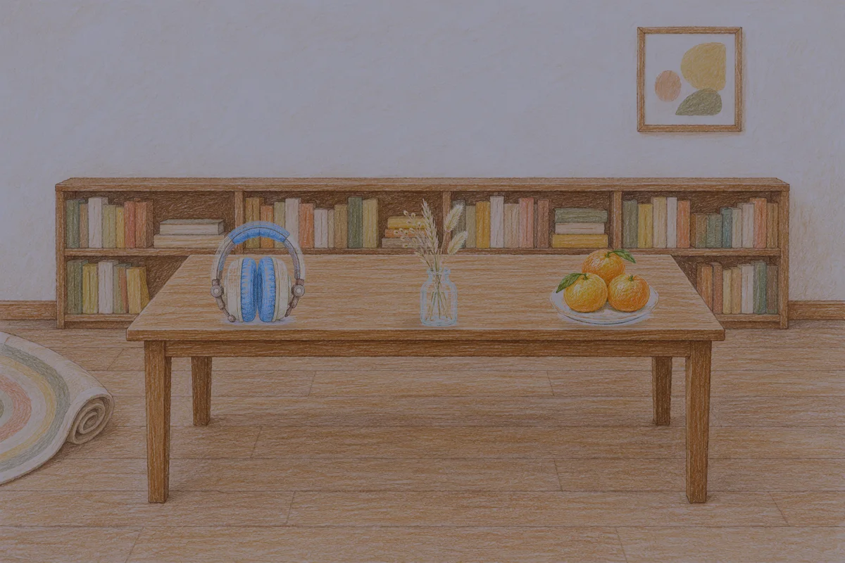 양평 여성전용 아로마 추천 안내 그림, 밤의 서재 긴 책상 위에 놓인 헤드폰, 마른 풀을 꽂은 항아리, 귤이 담긴 접시