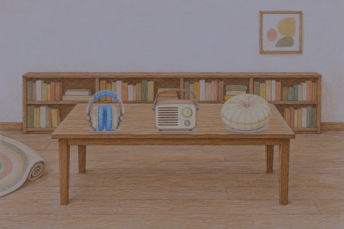 양평 여성전용 경락 케어 안내 그림, 밤의 서재 긴 책상 위에 놓인 헤드폰, 작은 라디오, 둥근 쿠션
