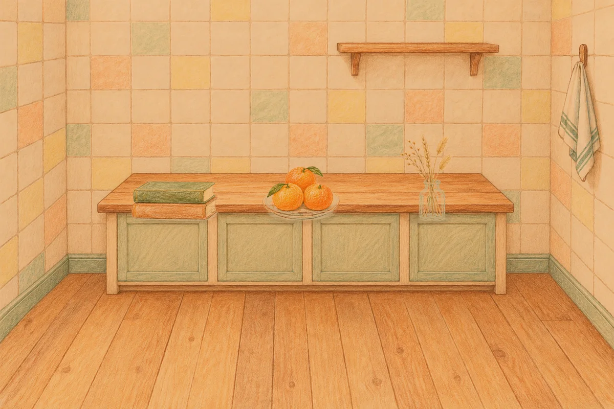 양평 여성전용 바디 경락 안내 그림, 저녁의 부엌 나무 조리대 위에 놓인 책 두 권, 귤이 담긴 접시, 마른 풀을 꽂은 항아리