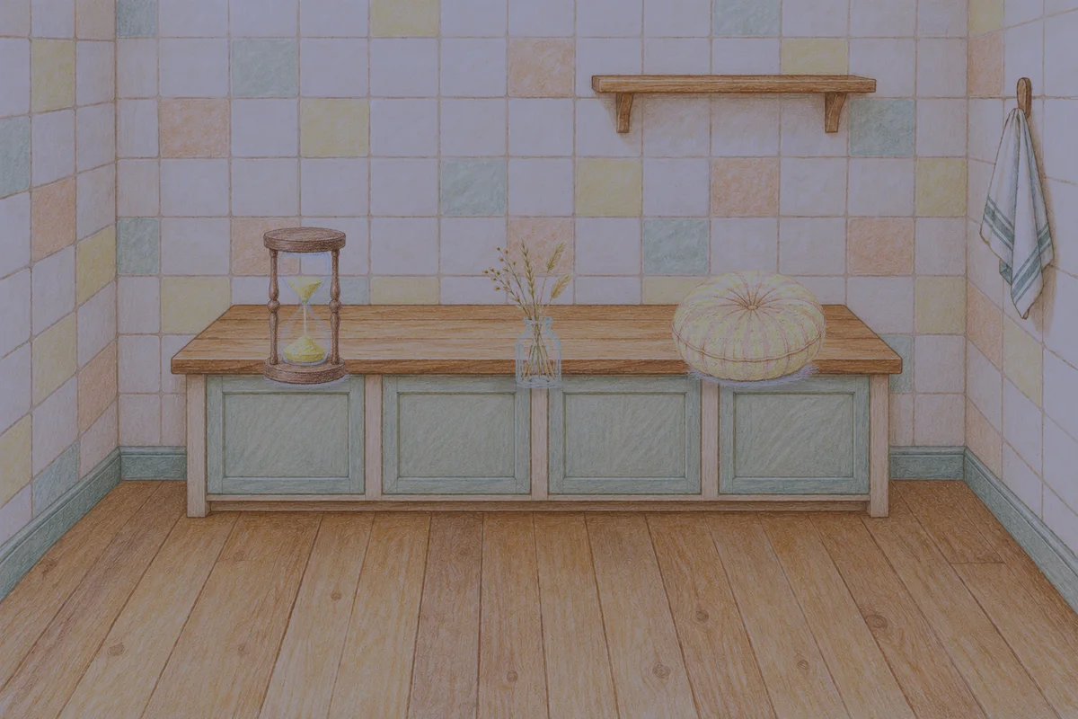 양평 여성전용 경락마사지 후기 안내 그림, 밤의 부엌 나무 조리대 위에 놓인 모래시계, 마른 풀을 꽂은 항아리, 둥근 쿠션