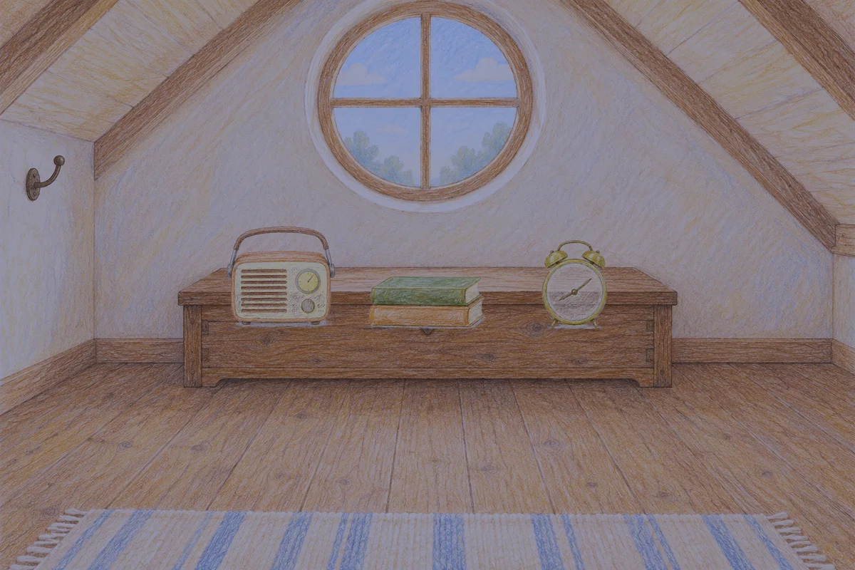 양평 여성전용 경락 가격 안내 그림, 밤의 다락방 나무 궤짝 위에 놓인 작은 라디오, 책 두 권, 둥근 알람시계