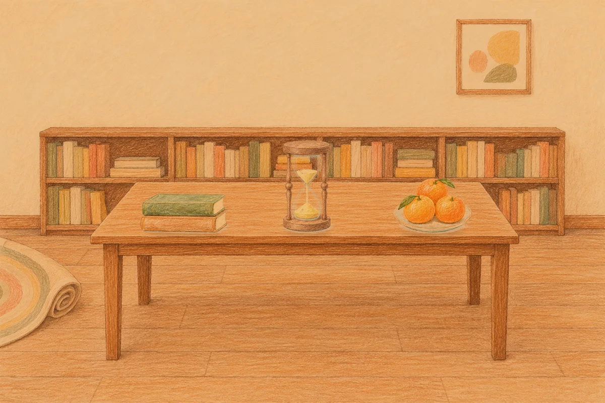 양평 여성전용 1인샵 안내 그림, 저녁의 서재 긴 책상 위에 놓인 책 두 권, 모래시계, 귤이 담긴 접시
