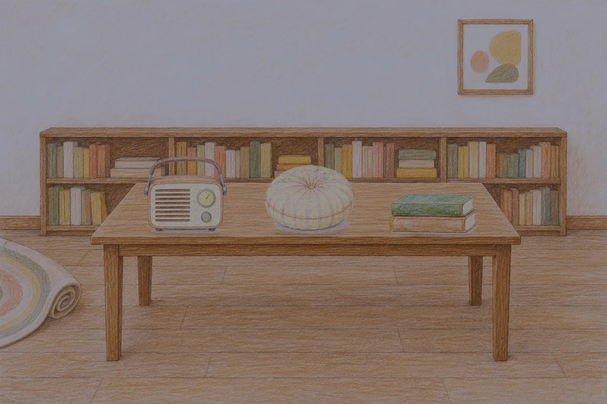 양평 여성전용 홈케어 추천 안내 그림, 밤의 서재 긴 책상 위에 놓인 작은 라디오, 둥근 쿠션, 책 두 권
