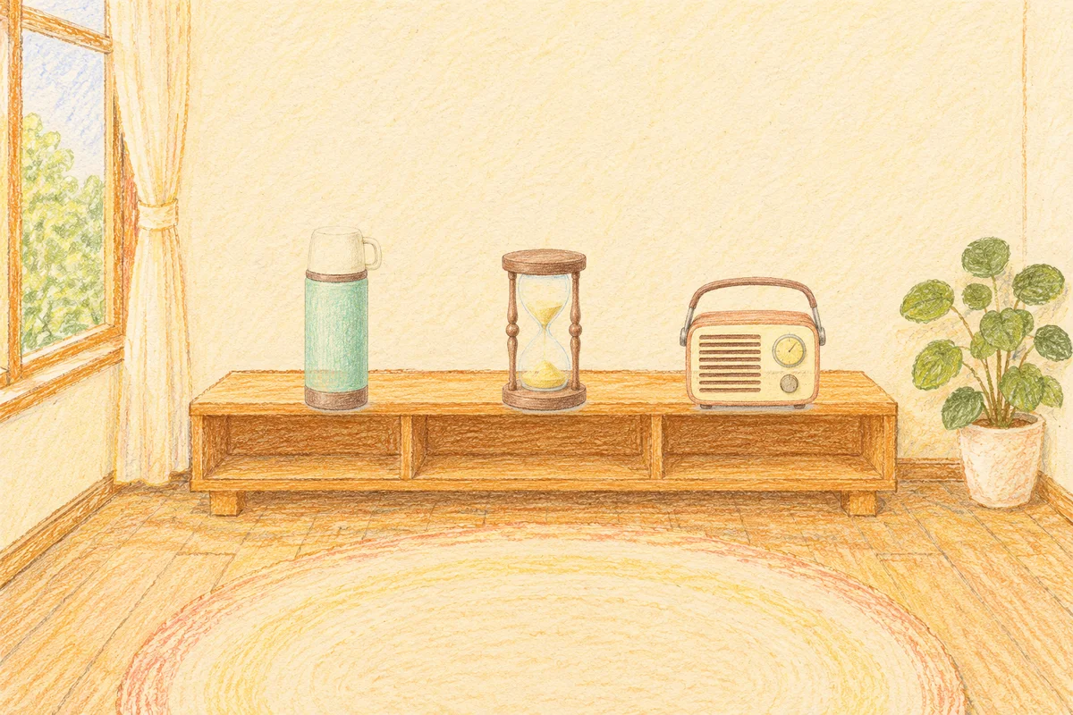 양평 여성전용 발마사지 안내 그림, 낮의 창가 낮은 선반 위에 놓인 보온병, 모래시계, 작은 라디오
