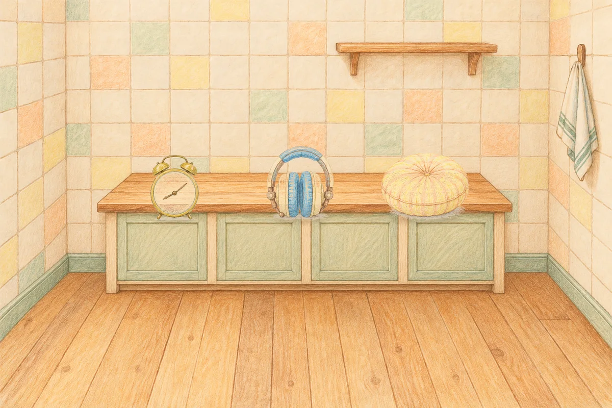 양평 여성전용 발 부종 케어 안내 그림, 낮의 부엌 나무 조리대 위에 놓인 둥근 알람시계, 헤드폰, 둥근 쿠션