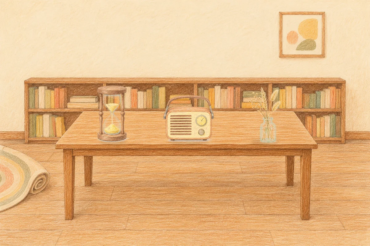 양평 여성전용 부종 케어 안내 그림, 낮의 서재 긴 책상 위에 놓인 모래시계, 작은 라디오, 마른 풀을 꽂은 항아리