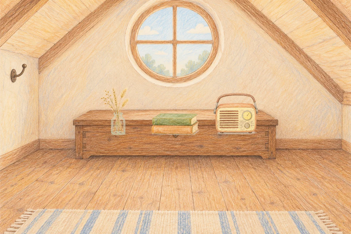 양평 여성전용 슬리밍 마사지 안내 그림, 낮의 다락방 나무 궤짝 위에 놓인 마른 풀을 꽂은 항아리, 책 두 권, 작은 라디오