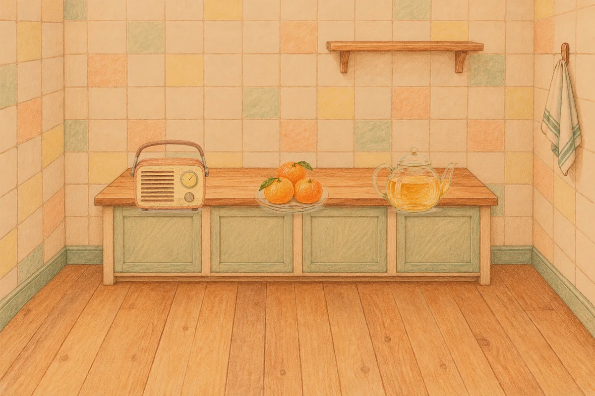 양평 여성전용 디톡스 마사지 안내 그림, 저녁의 부엌 나무 조리대 위에 놓인 작은 라디오, 귤이 담긴 접시, 유리 티포트