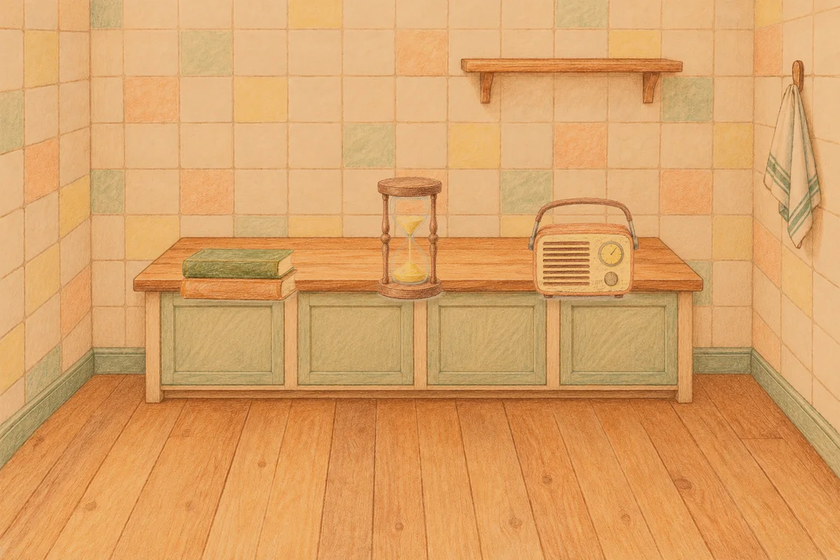 양평 여성전용 다이어트 마사지 안내 그림, 저녁의 부엌 나무 조리대 위에 놓인 책 두 권, 모래시계, 작은 라디오