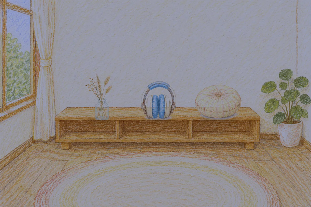 양평 여성전용 복부 마사지 안내 그림, 밤의 창가 낮은 선반 위에 놓인 마른 풀을 꽂은 항아리, 헤드폰, 둥근 쿠션