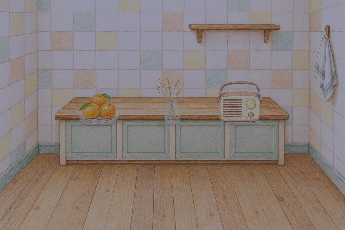 양평 여성전용 종아리 케어 안내 그림, 밤의 부엌 나무 조리대 위에 놓인 귤이 담긴 접시, 마른 풀을 꽂은 항아리, 작은 라디오
