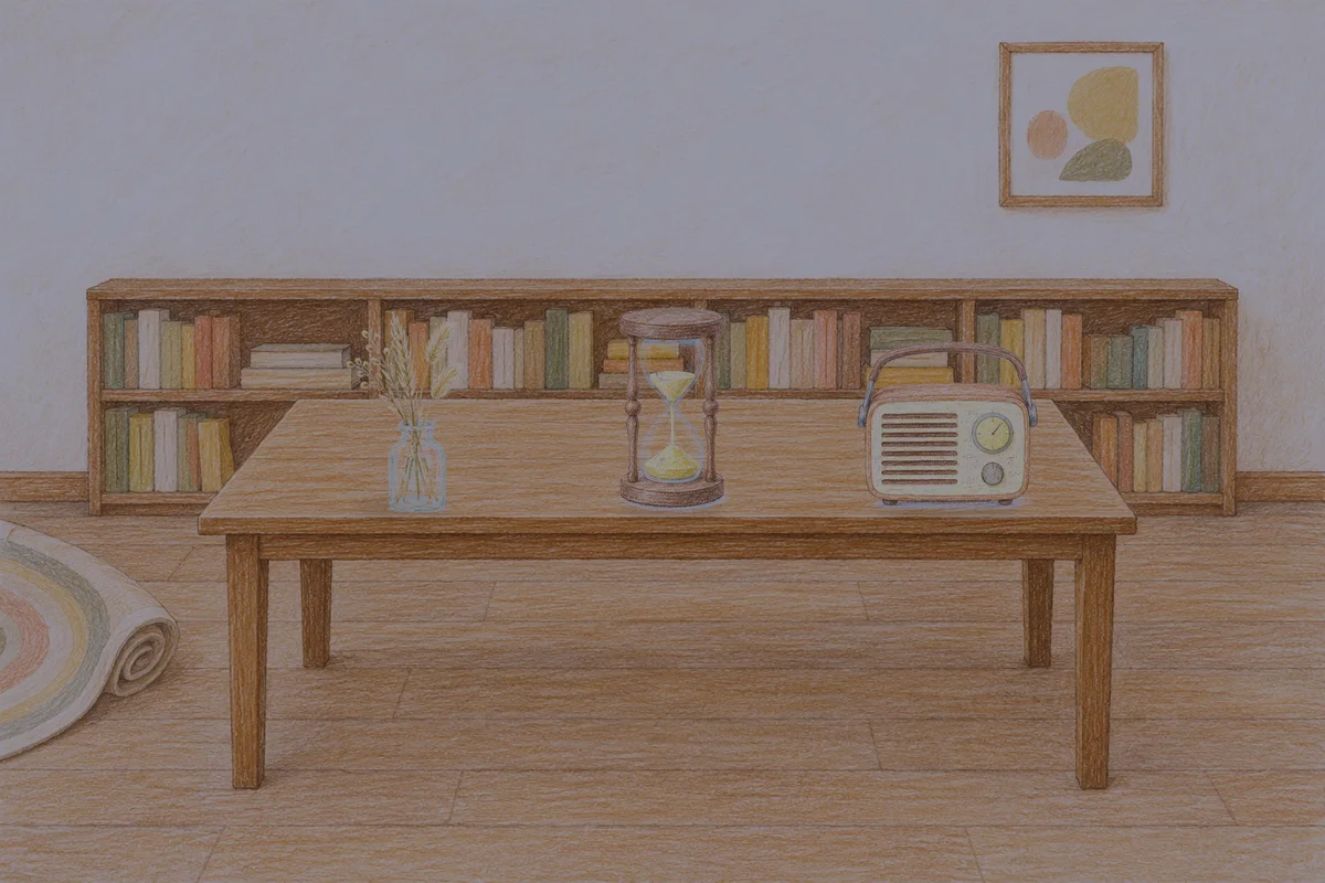 양평 여성전용 두피 마사지 안내 그림, 밤의 서재 긴 책상 위에 놓인 마른 풀을 꽂은 항아리, 모래시계, 작은 라디오