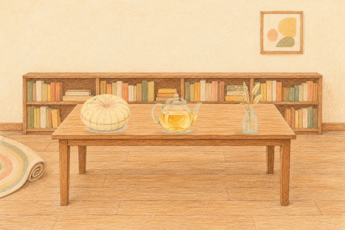 양평 여성전용 두피 케어 안내 그림, 낮의 서재 긴 책상 위에 놓인 둥근 쿠션, 유리 티포트, 마른 풀을 꽂은 항아리
